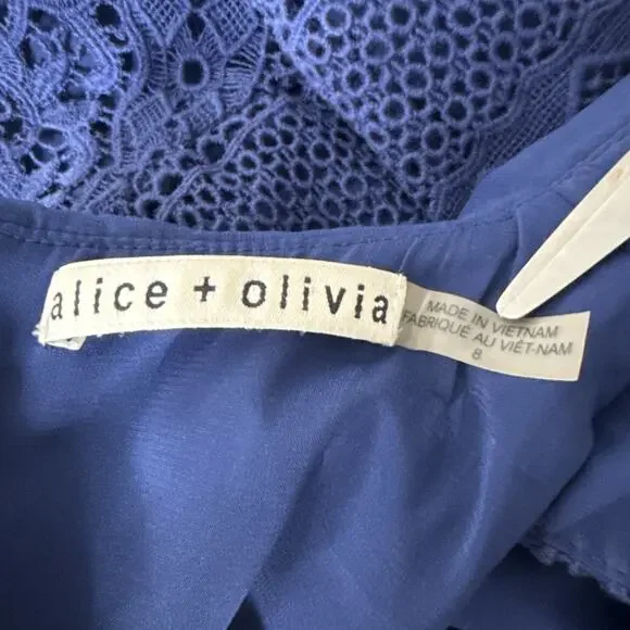 Alice + Olivia Blue Inez Bow Collar Lace Popover Dress Sz 8 Sleeveless Cocktail - Picture 6 of 8